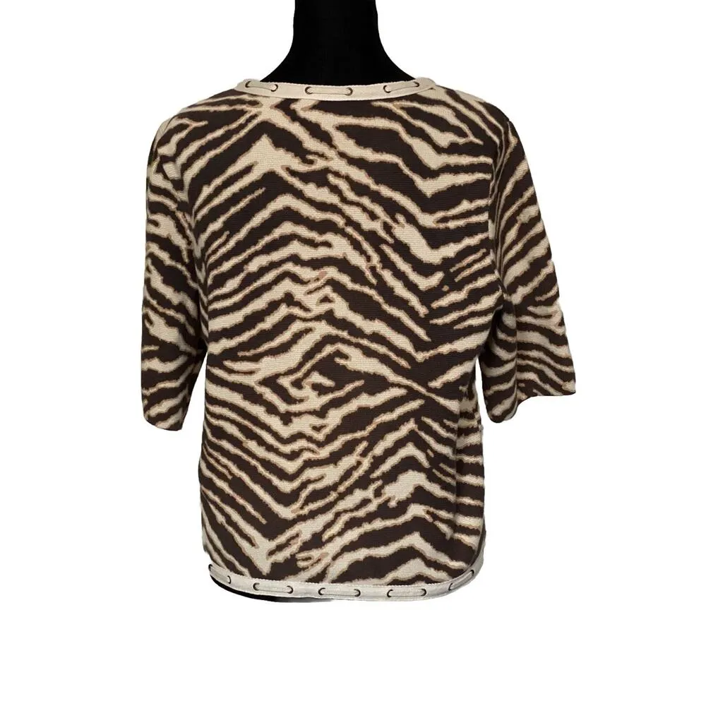 Chicos Cardigan Size 1 Beige Brown Zebra Print 100% Cotton Open Jacket Sweater - Image 2