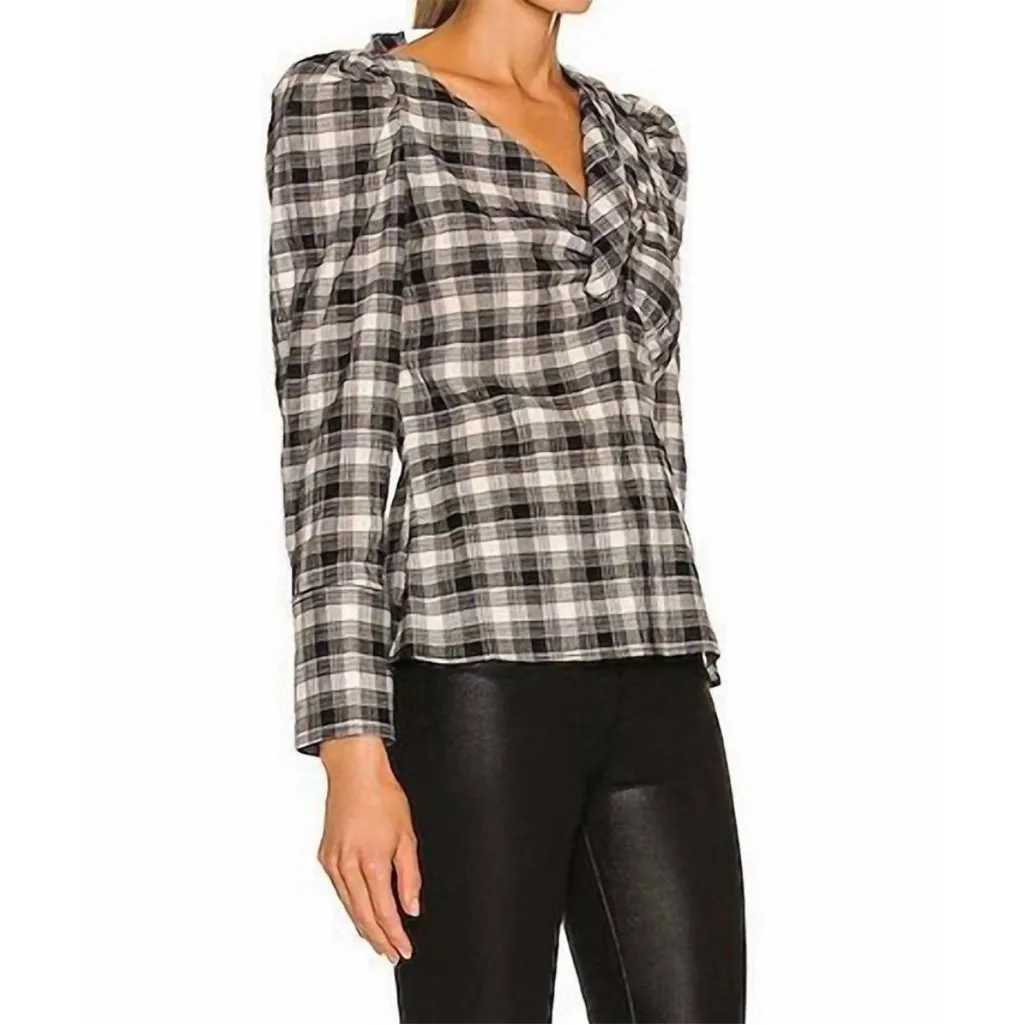 Jonathan Simkhai Rory Black/White Plaid Cutout Poplin Puff Sleeve Shirt Small Black - Image 15
