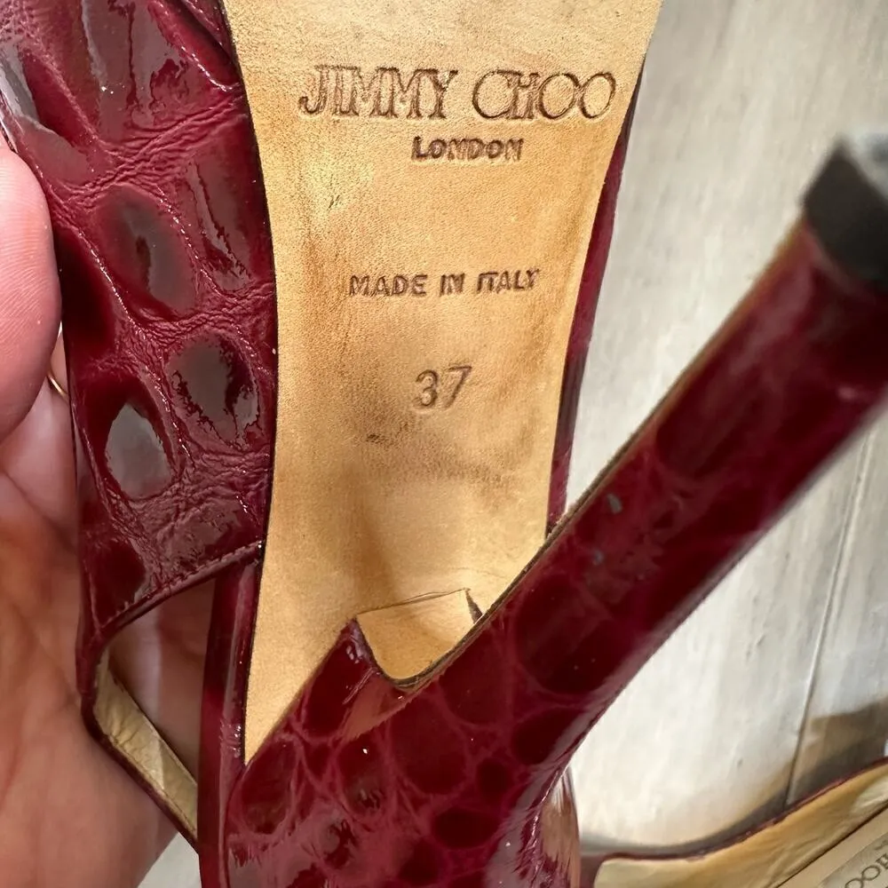 Jimmy Choo Patent Snake Embossed Peep Toe Heels Women's Sling Back Red Size 37 - Image 5