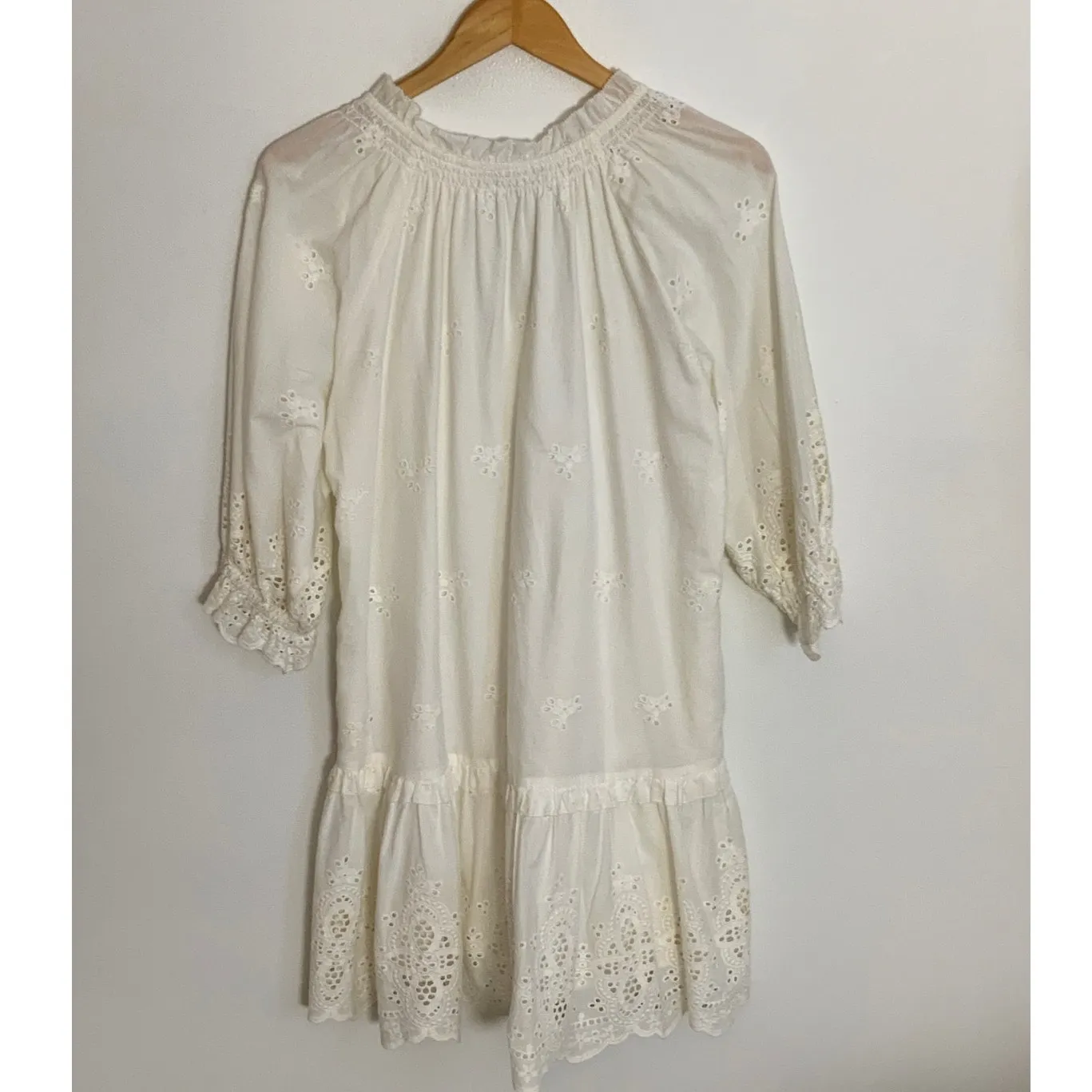 Tart Mia White Eyelet Shift Dress‎ Women Ruffle Hem Peasant Cotton Mini - Image 5