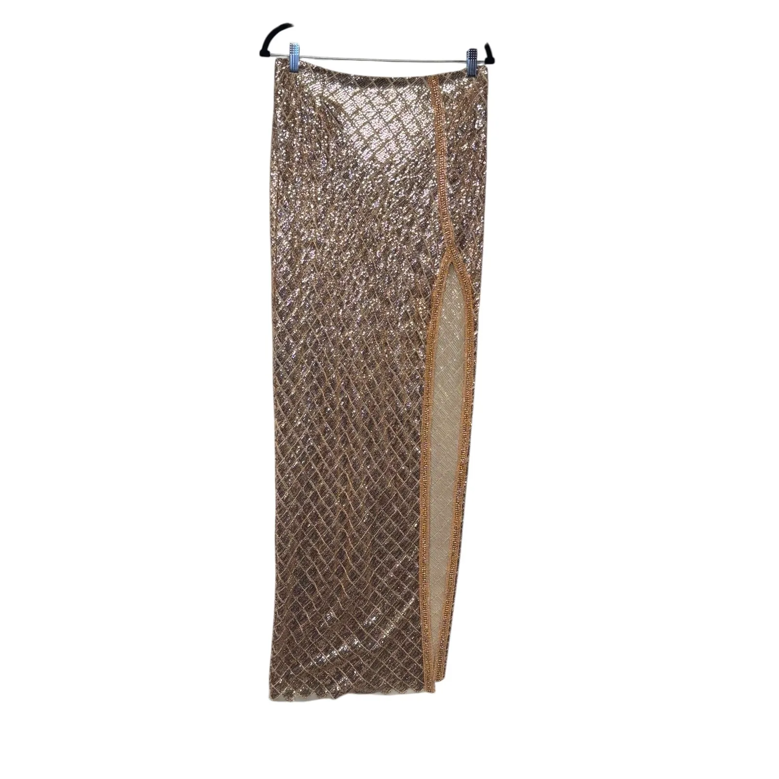 AKIRA Gold Sequin Maxi Skirt High Slit Glamorous Party Evening Wear Size L NWT - Image 2