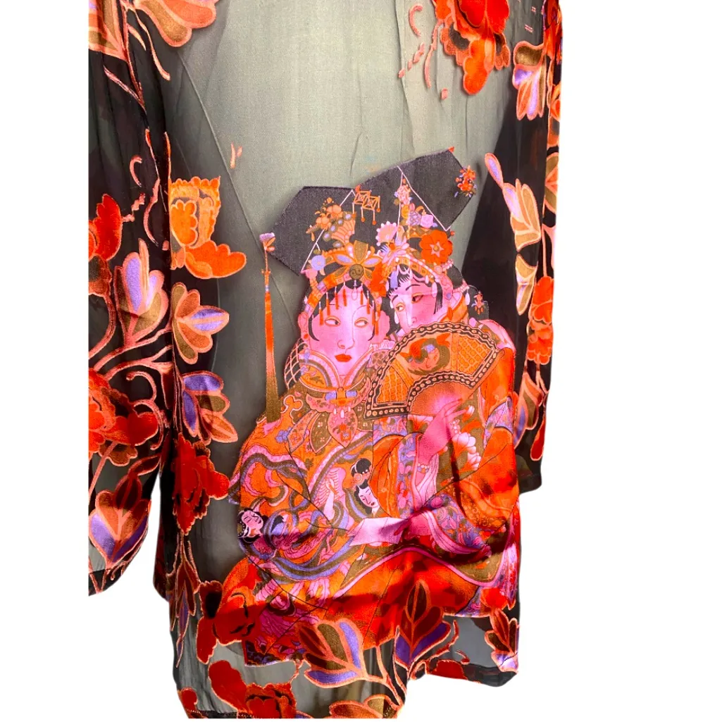 Y2K CITRON Santa Monica Floral Geisha
Velvet Burnout Blouse S Red - Image 7