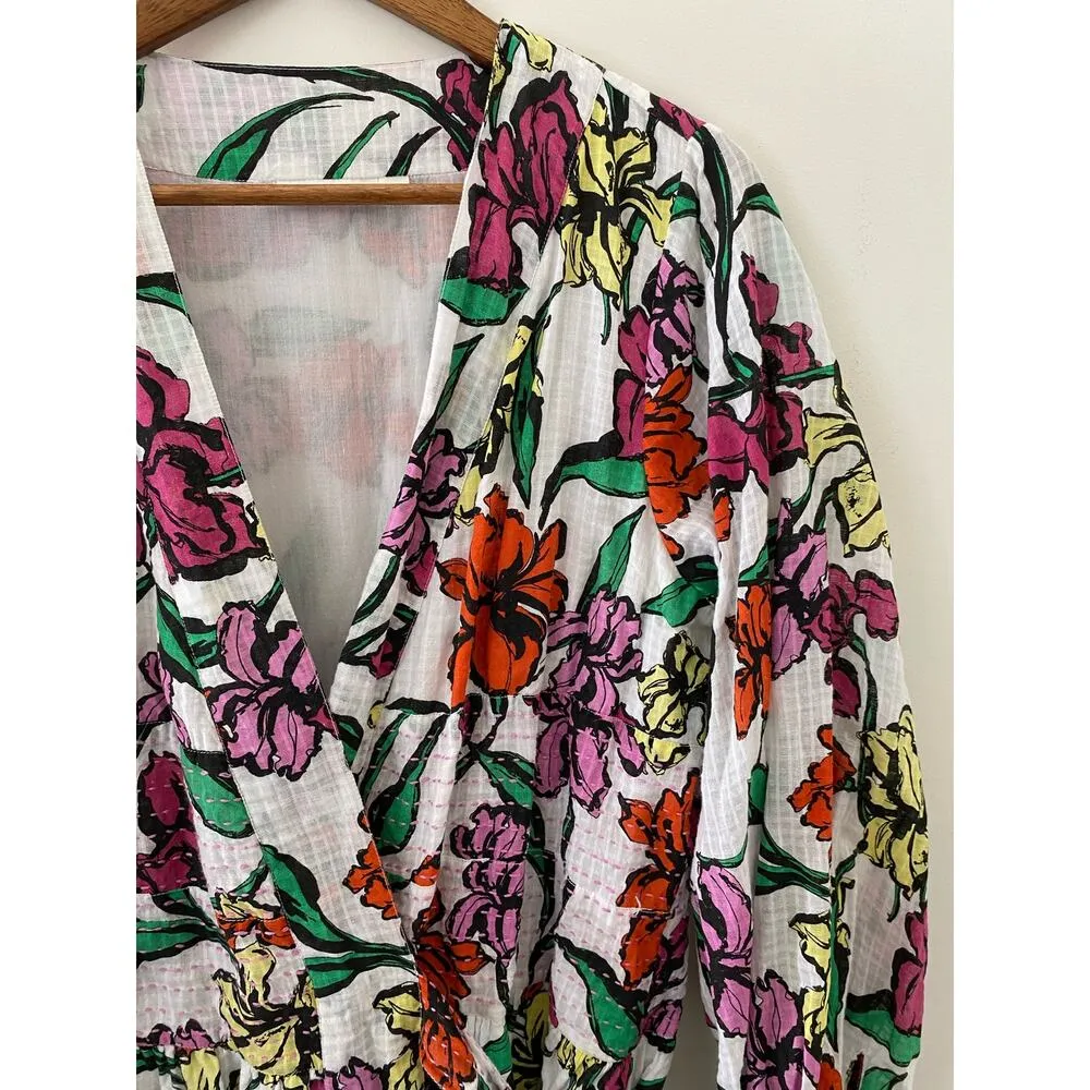 Roller Rabbit Jorales Bibiana Wrap Dress White Pink Floral Large EUC Long Sleeve - Image 3