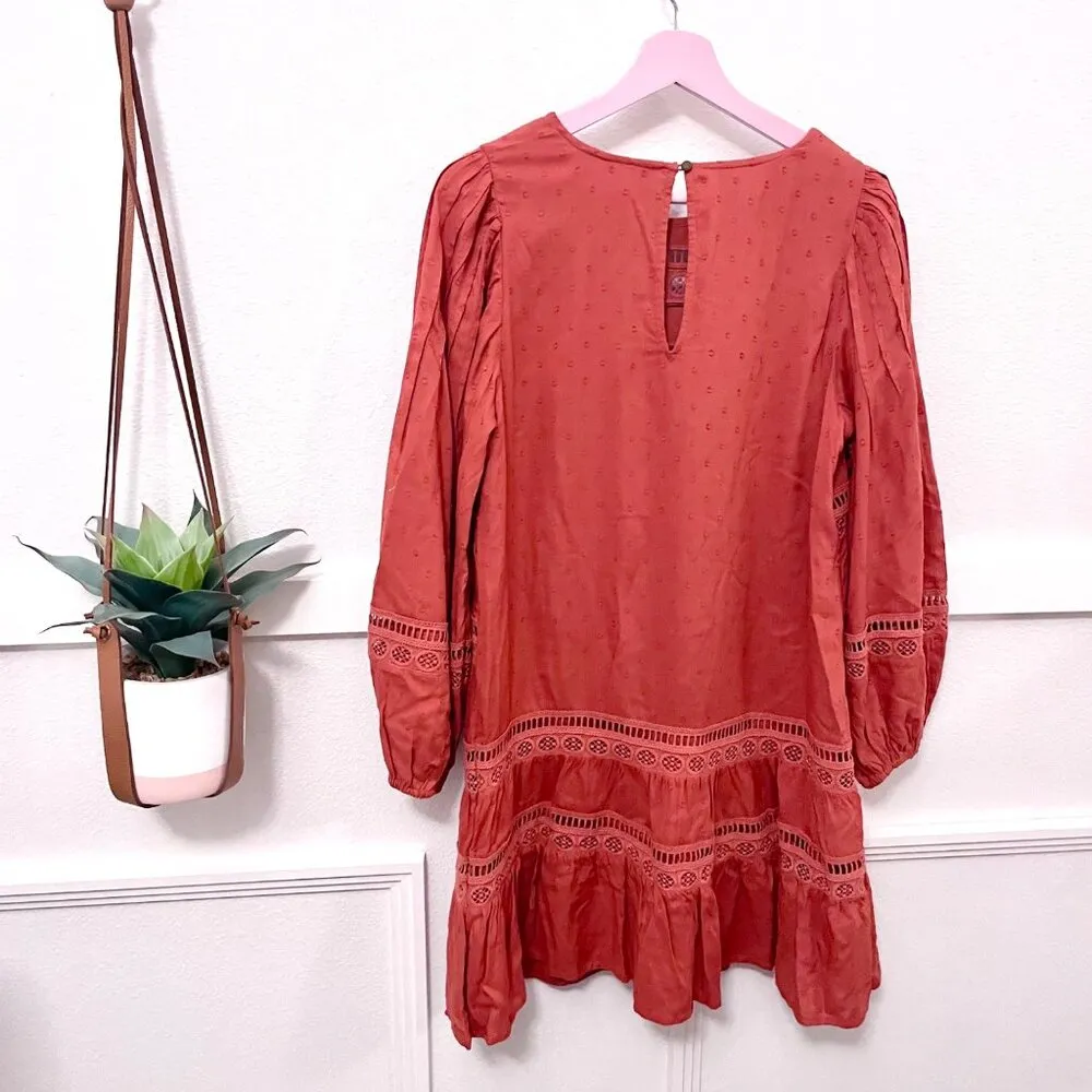 NWT By Anthropologie Tiered Puff-Sleeve Mini Dress Orange Long Sleeve Size M - Image 5