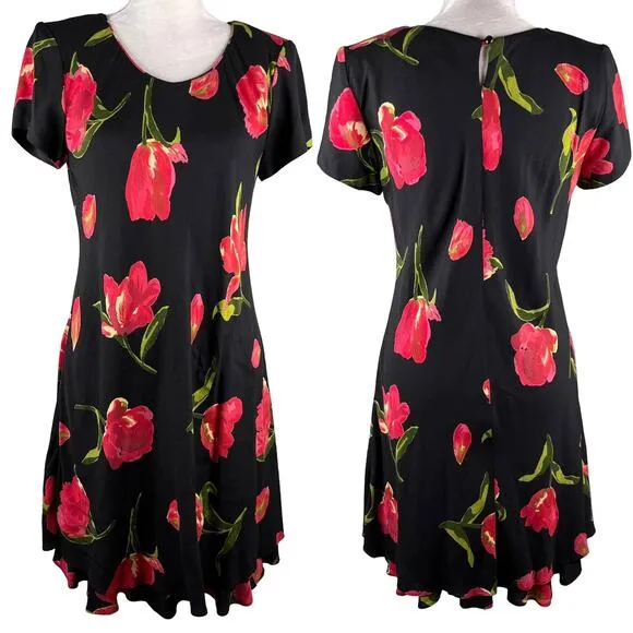 Vintage Hampton Dress Co Dress 8 Midi Black Red Tulips - Image 2