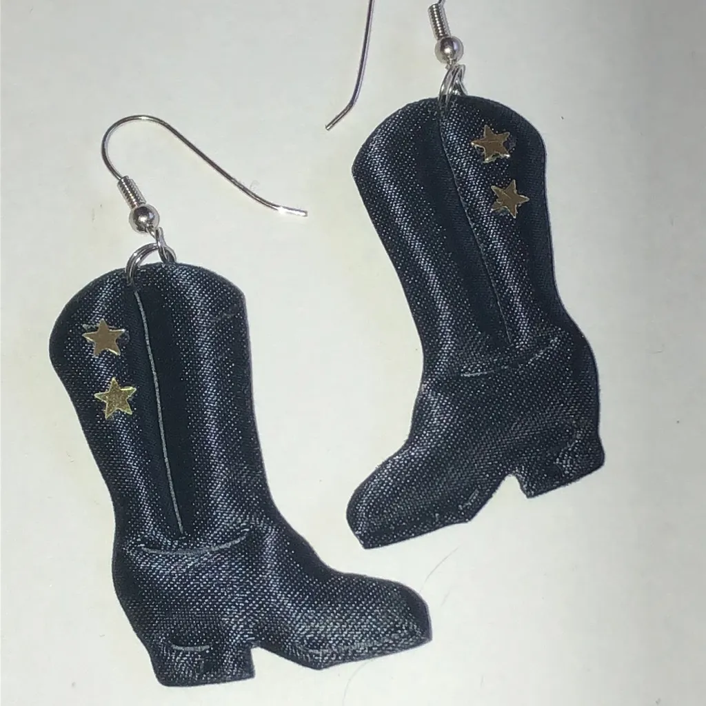 Black Fabric Cowboy Boot Earrings with Gold Tone Stars - Image 2
