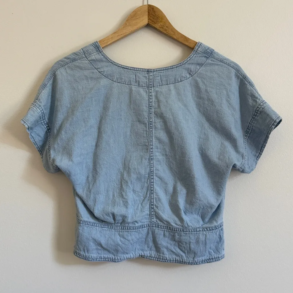 Madewell Cotton Button Down Chambray Short Sleeve Top Size Small Blue Pleated - Image 7
