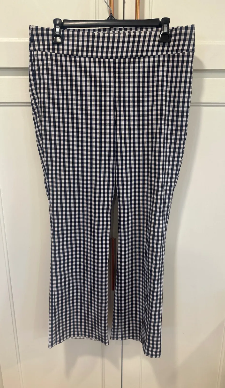 J McLaughlin Gingham Check Flare Leg Pants Navy White Size 12 casual boho women - Image 1