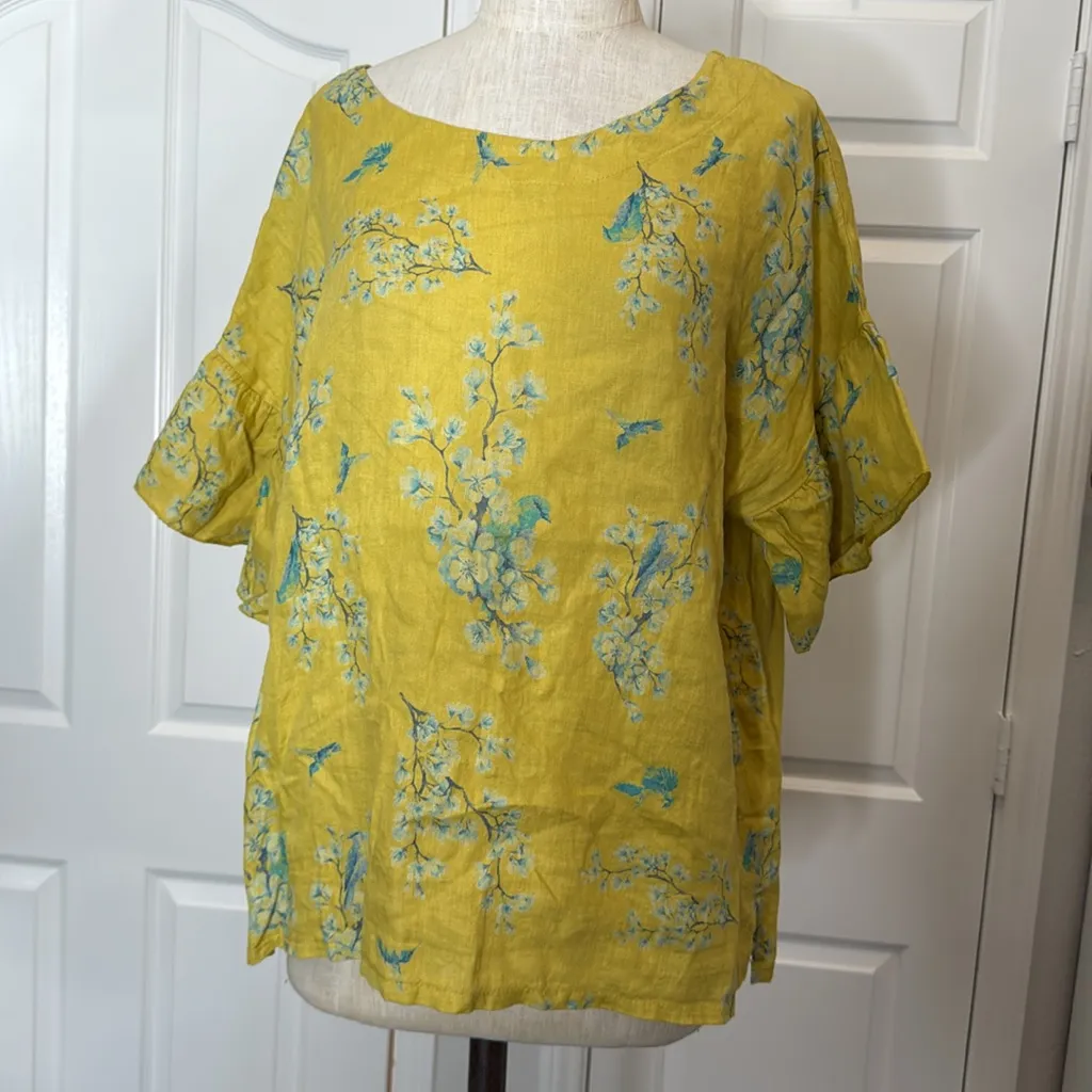 Bellambra linen cherry blossom print blouse Yellow Size L - Image 2