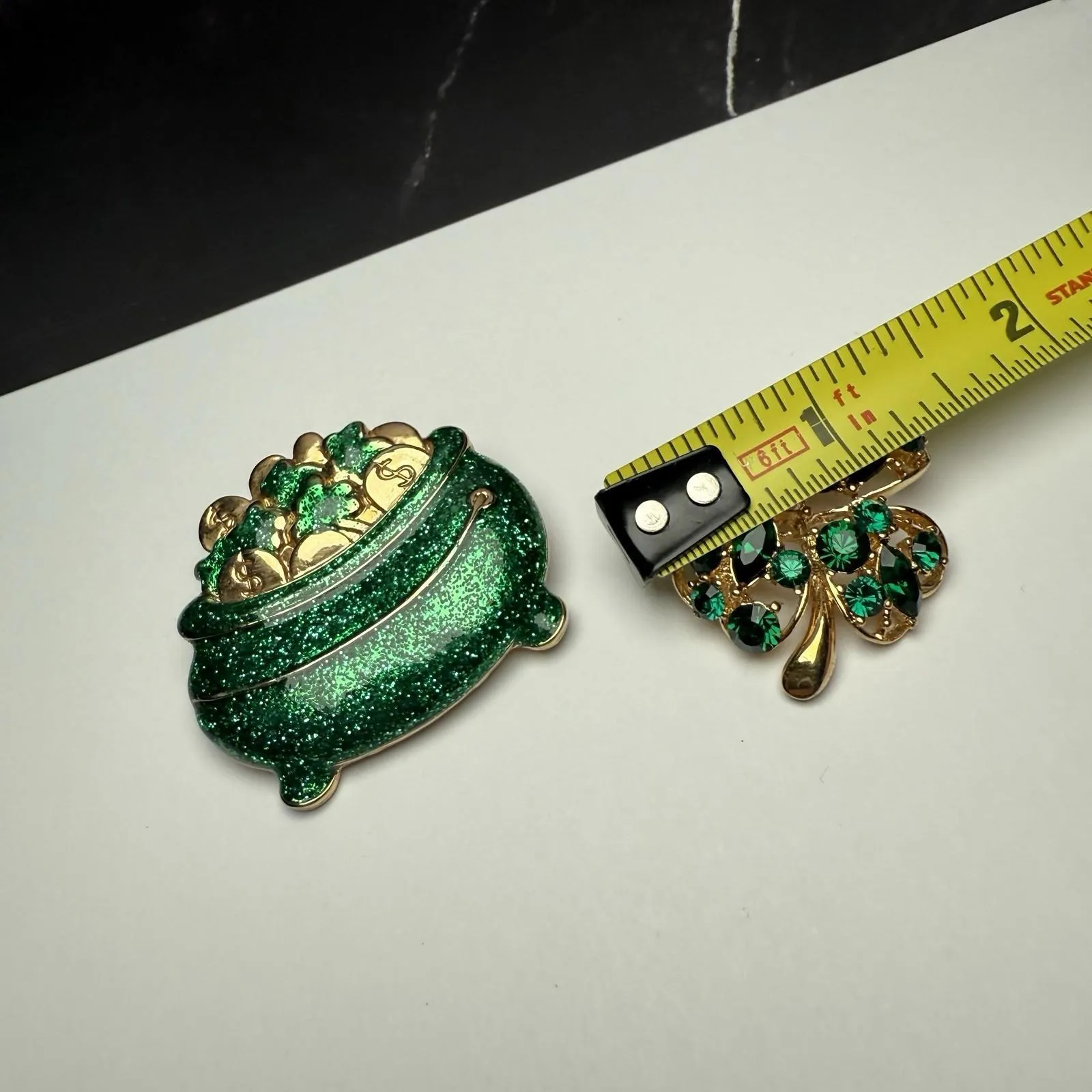 Four Leaf Clover Shamrock & Pot Of Gold Brooch Pin Lot Of 2 St Patrick’s Green - Image 2