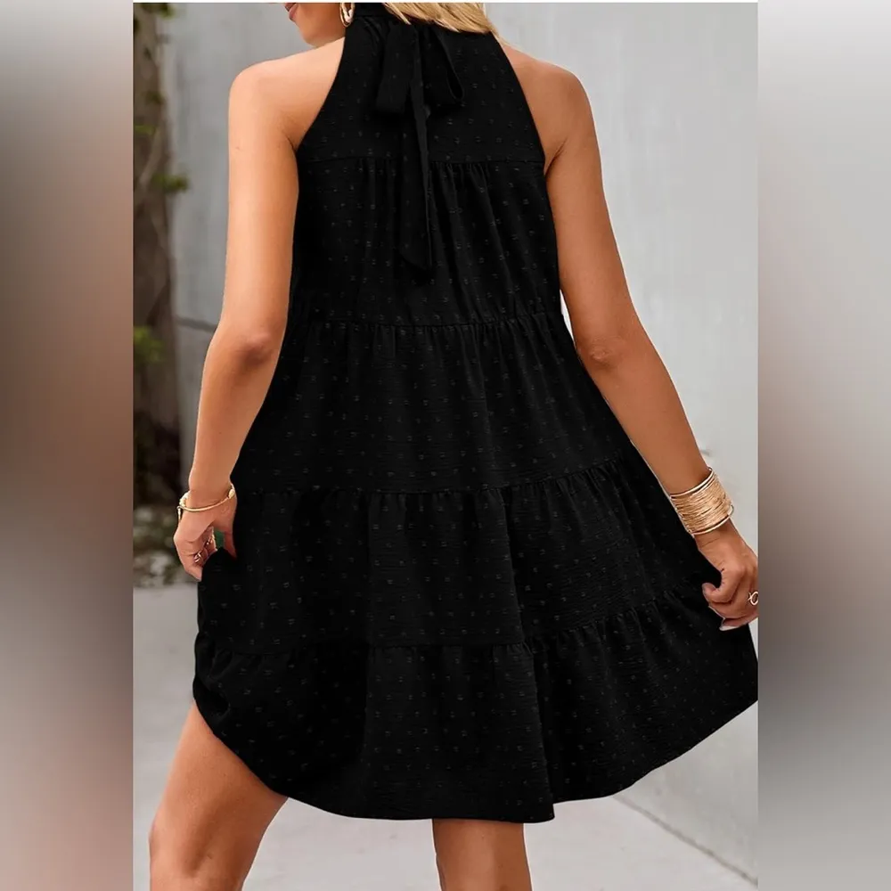 Kirundo Black Summer Halter Tiered Pleated Beachy Sleeveless Back Tie Mini Dress Size M - Image 3