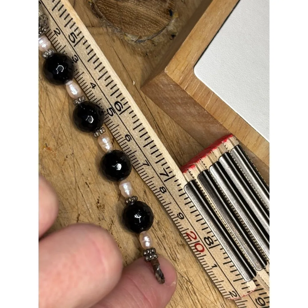 Handcrafted Black Beaded Bracelet With Pearl Accents & Silver-Tone Clasp - Image 2