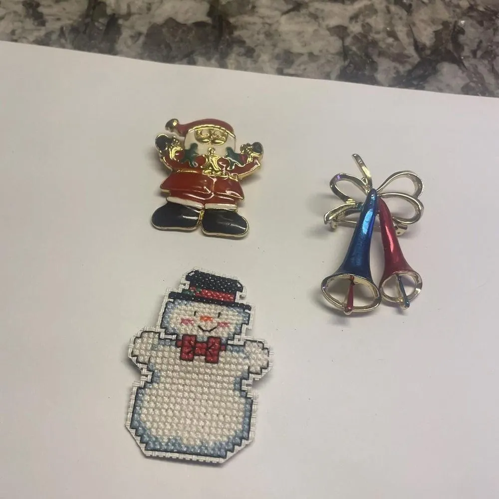 Lot Of 3 Brooch Pins Christmas Holiday Snowman / Bells / Santa - Image 4