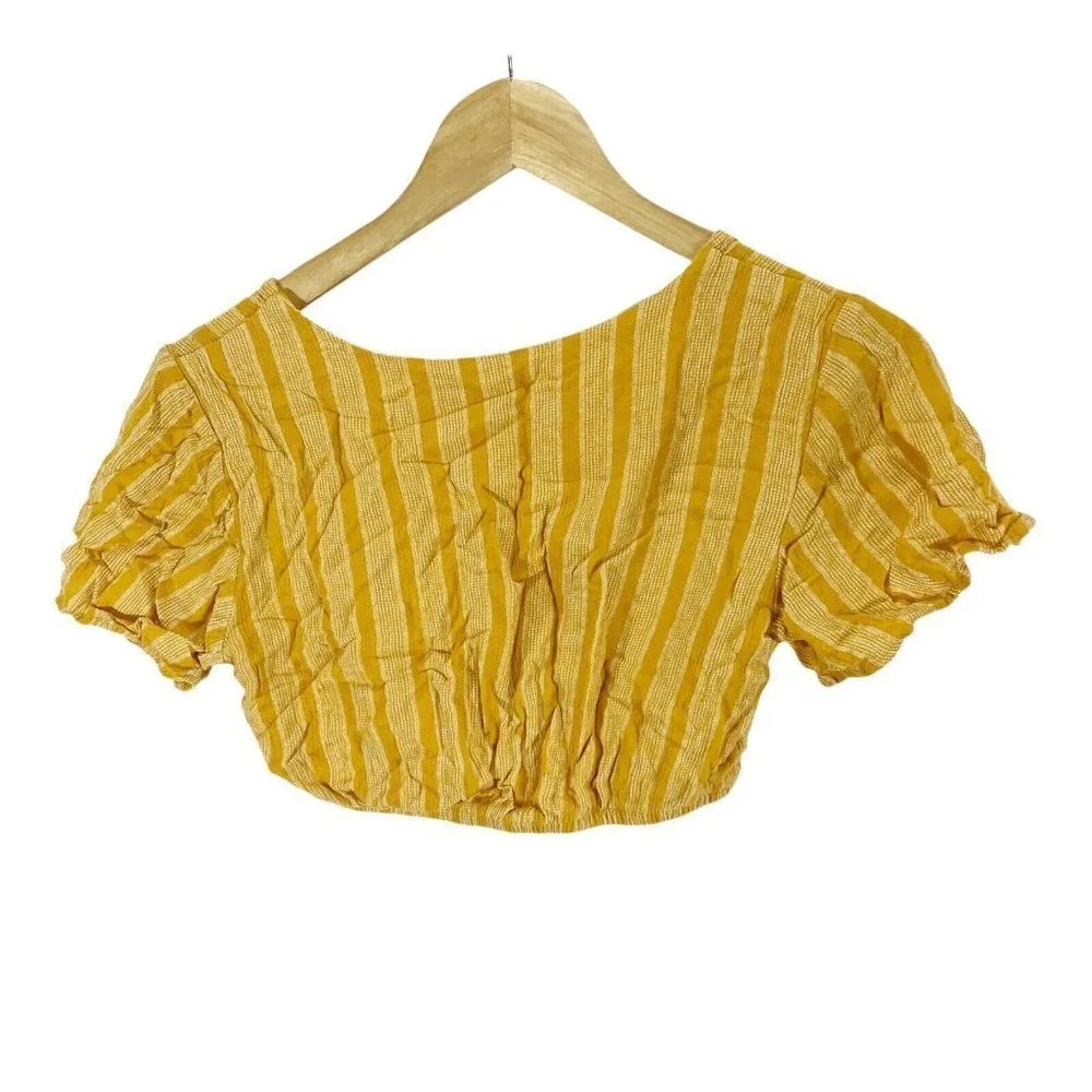 Forever 21 Yellow Striped V-neck Crop Top Sz S Short Ruffle Sleeves - Image 2