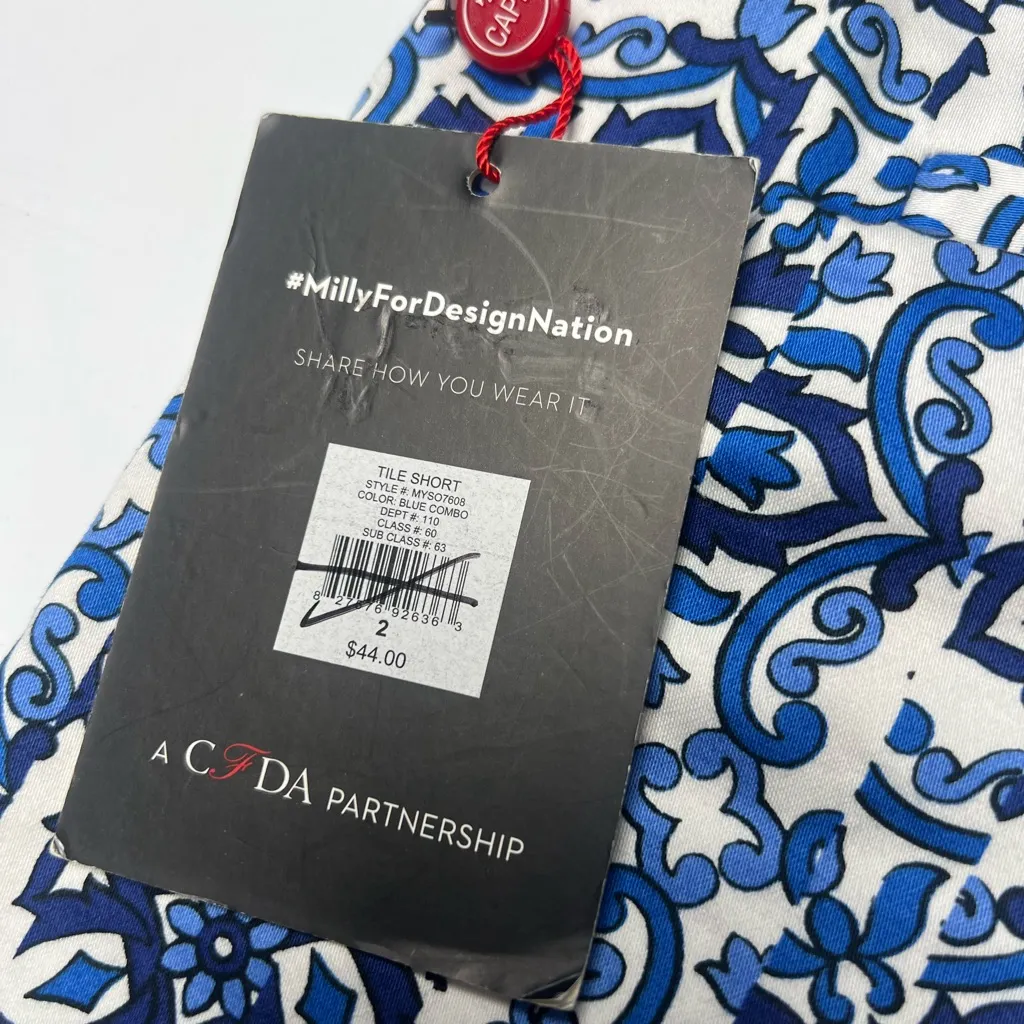 Milly Design Nation Shorts Blue White Tile Print Cotton Blend Mid Rise Chino - Image 5