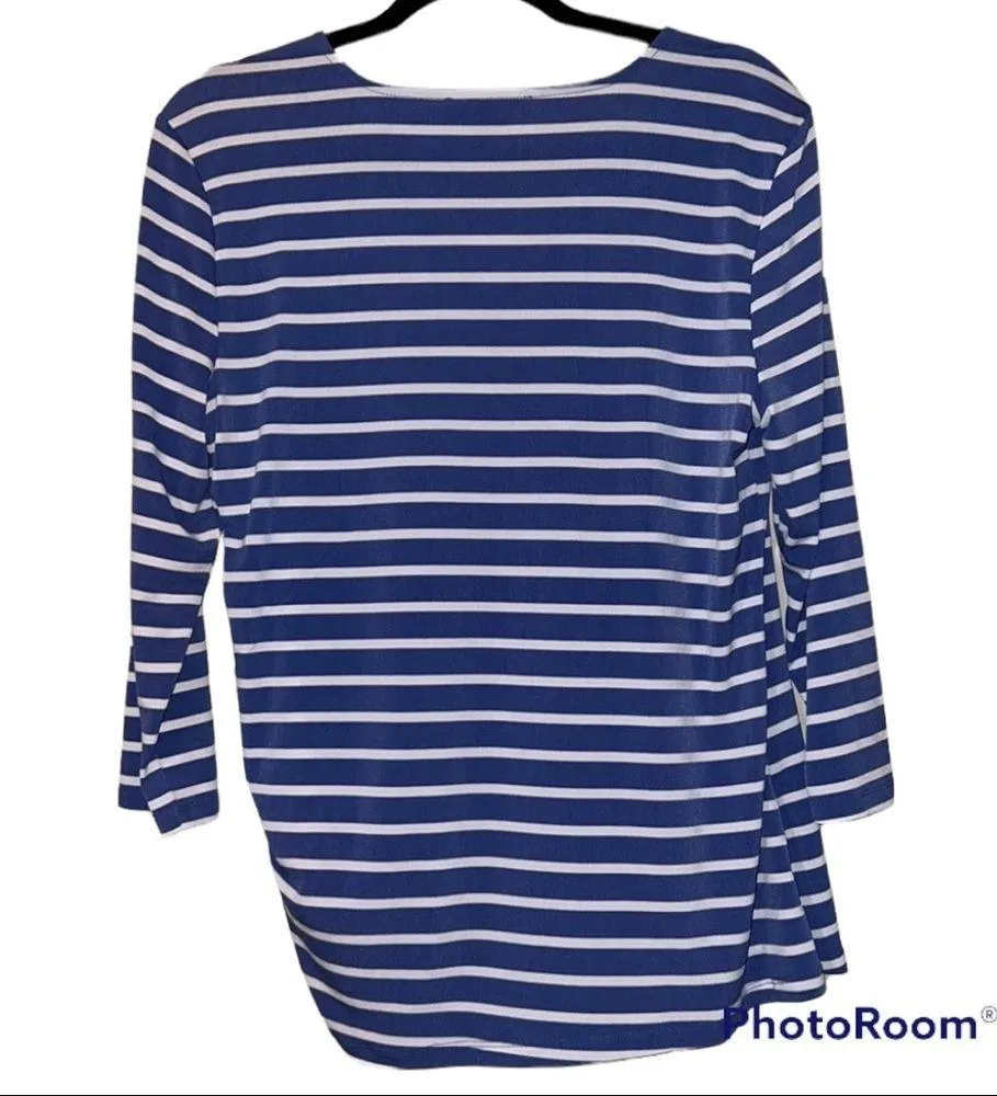 Nine West size large women’s blue white striped Lizzy v-neck 3/4 sleeve blouse - Image 3