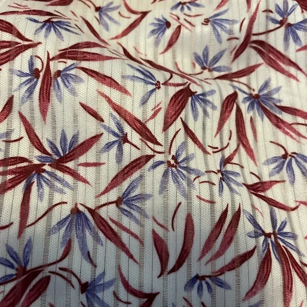 Vintage 70s Ruffle High Collar Floral Print Button Down Ivory Shirt Medium Red - Image 3