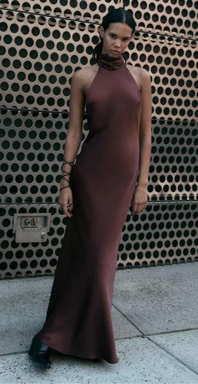 Zara maxi halter scarf satin Elegant Burgundy Brown  Evening Wedding Dress - Image 12