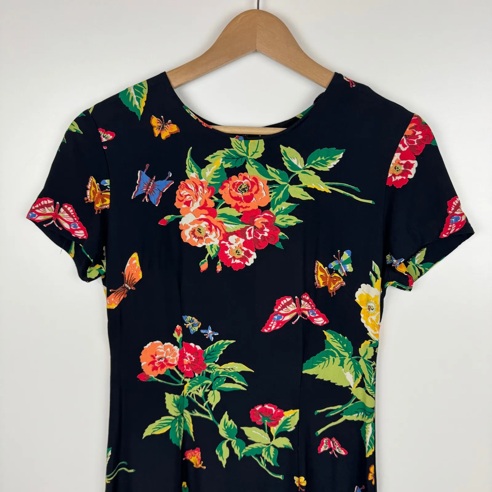 KC Spencer Vintage Floral‎ Butterfly Print Midi Dress Sz 6 Black Feminine Retro - Image 2