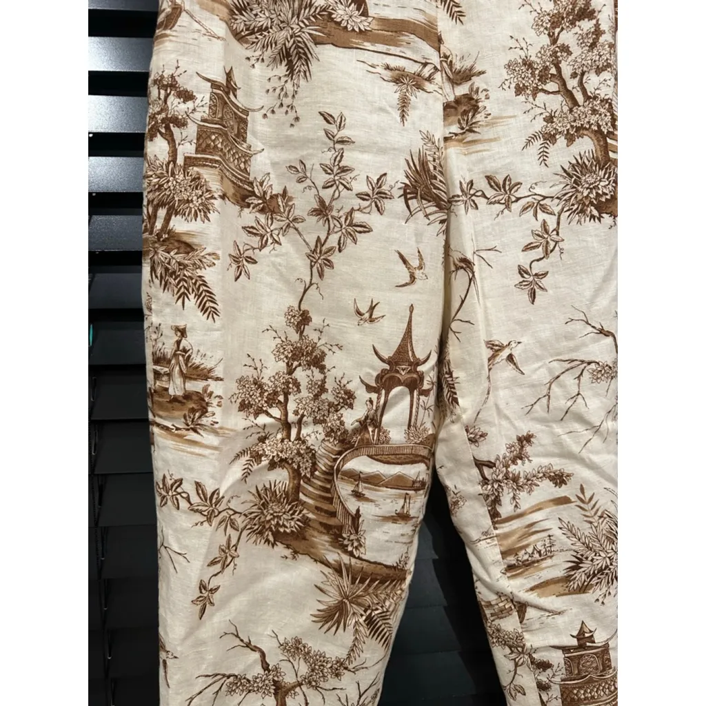 Women's Silk Club Collection Pants Size 6 Beige Brown Print Linen - Image 5