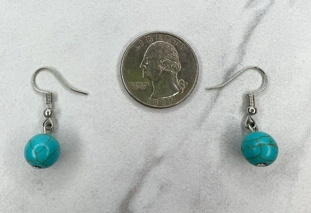 Silver Tone Faux Turquoise Beaded Dangle Drop Earrings Pierced Pair - Image 2
