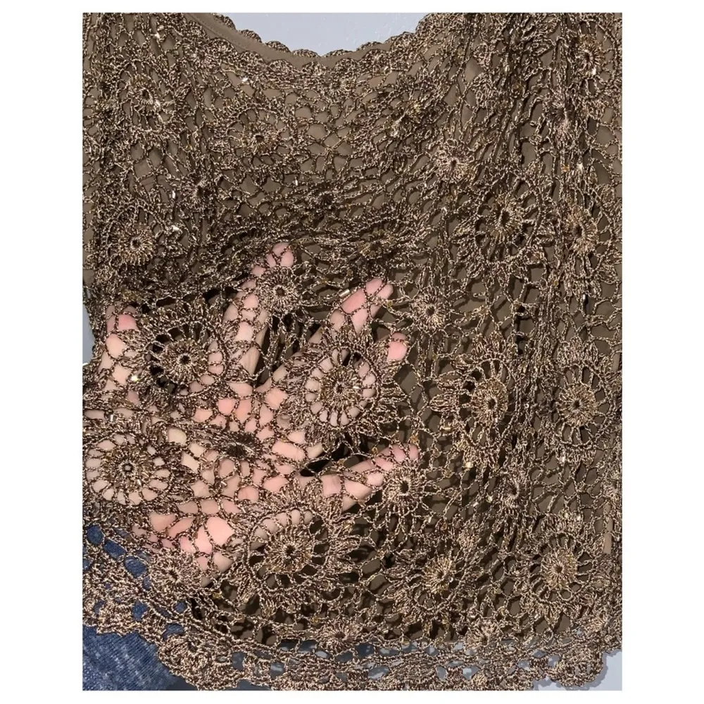 Carmen Marc Vavlvo Tan 2Pc Crochet With Sparkly Beads Tank Top & Cardigan XL - Image 8