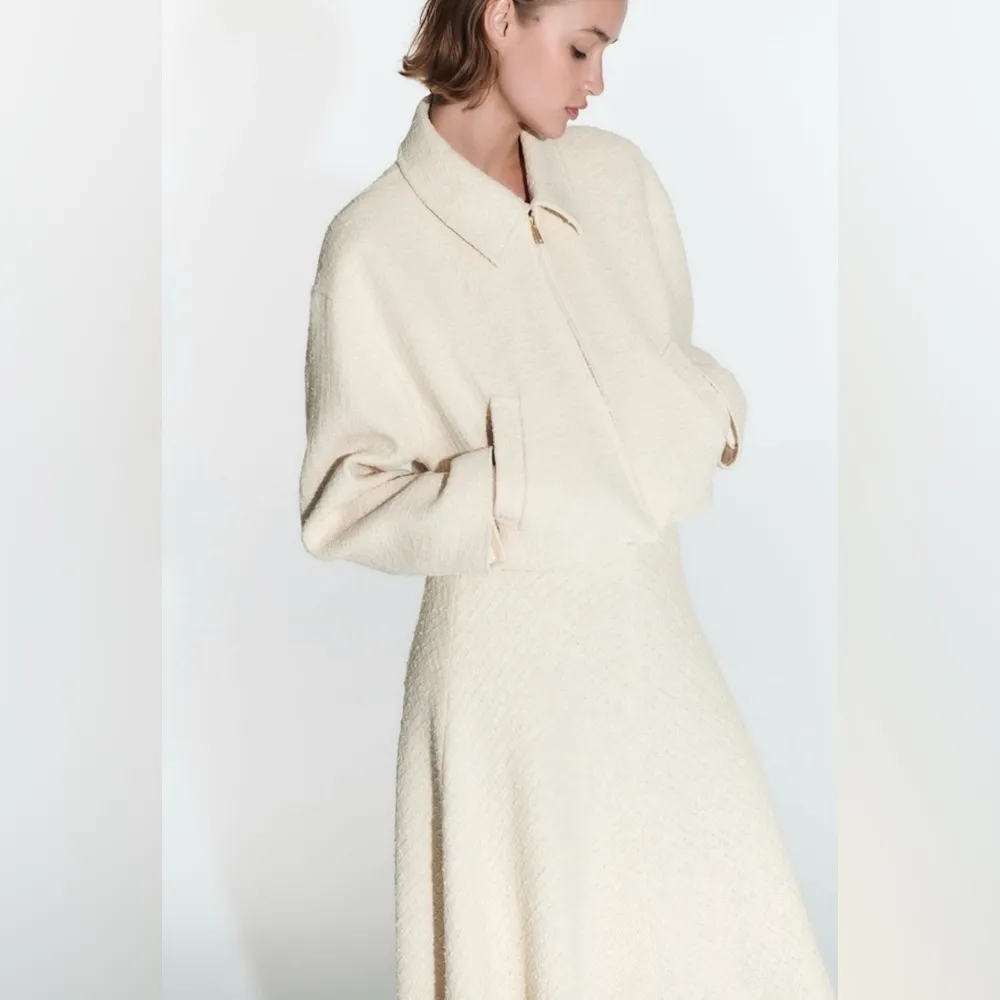 Zara Women Bloggers Favorite Ecru Textured Weave Bomber Collared Zip Jacket Sz M - Image 5