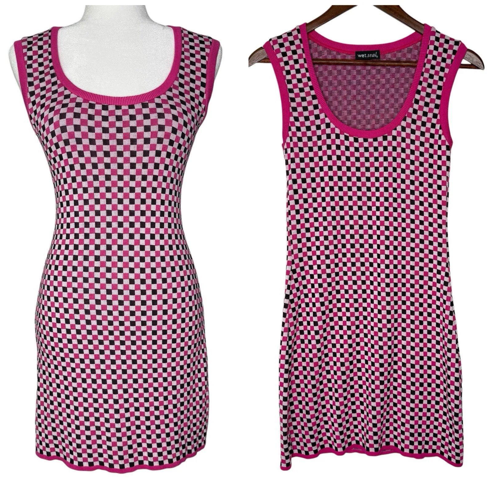 90s Y2K Wet Seal Dress XS S Checkered‎ Gogo Skater Knit Tank Stretch Made In USA - Image 2