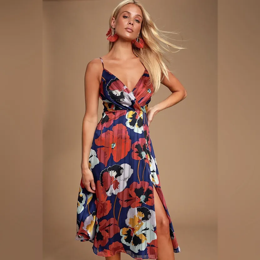 LULUS All About Love Royal Blue Floral Print Midi Dress Red Size M - Image 8