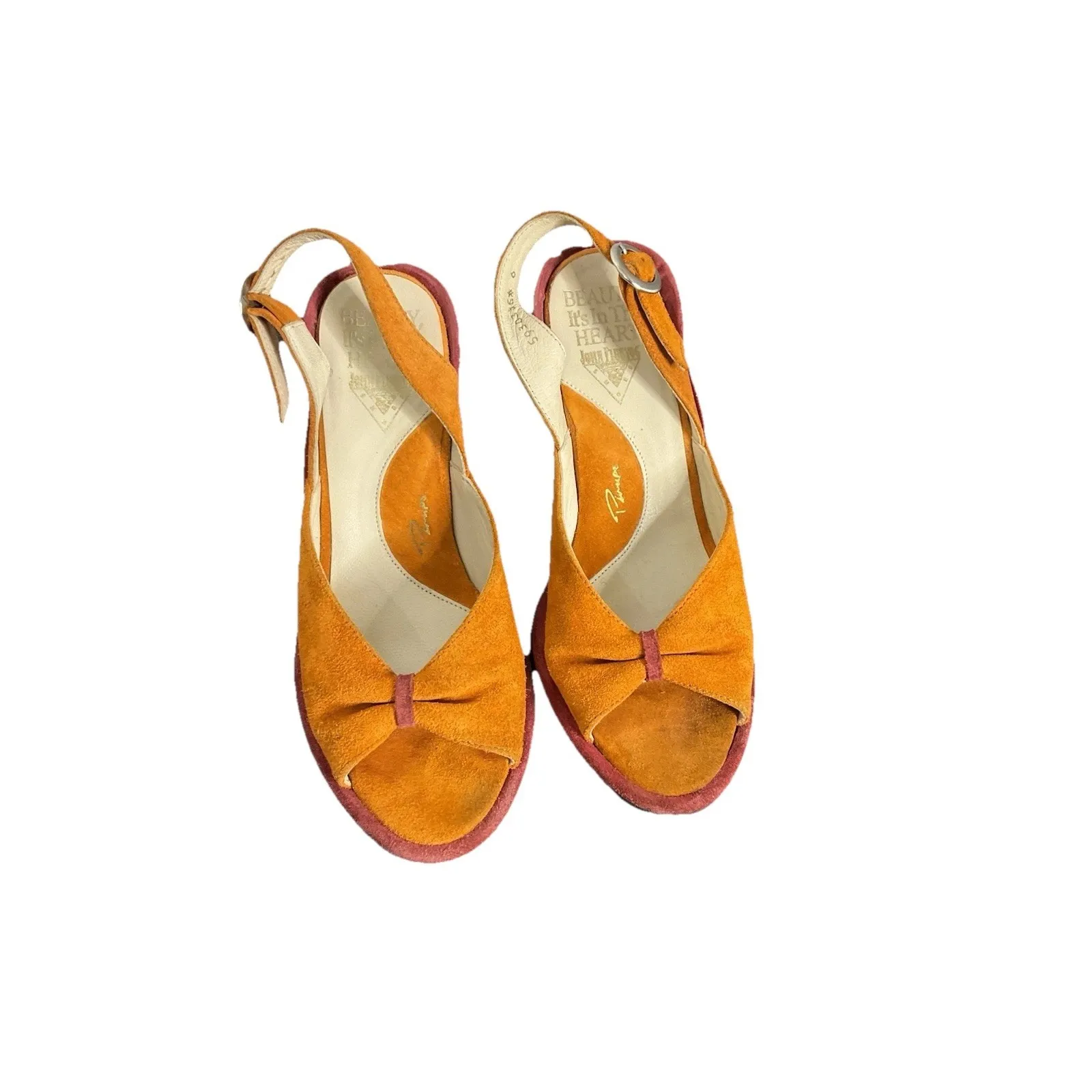 John Fluevog Heels Womens 6 Orange Suede Slingback Peep Toe Miss June Pump Shoes - Image 6