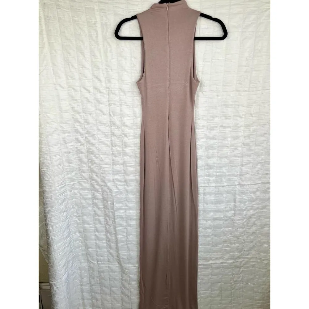 Naked Wardrobe Beige Brown High Neck Sleeveless Fitted Maxi Dress Size Small - Image 2