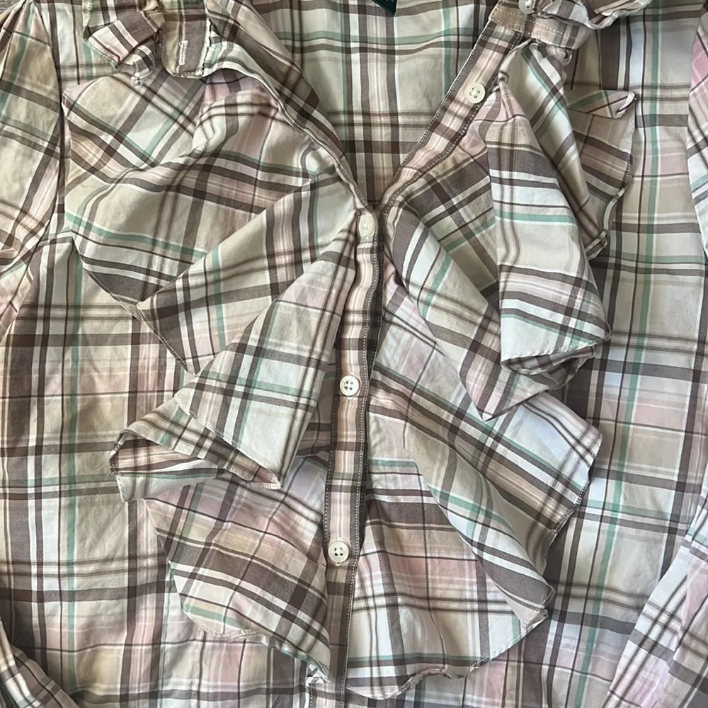 Ralph Lauren Plaid Earth Tone Ruffle Button Down Size Medium - Image 3