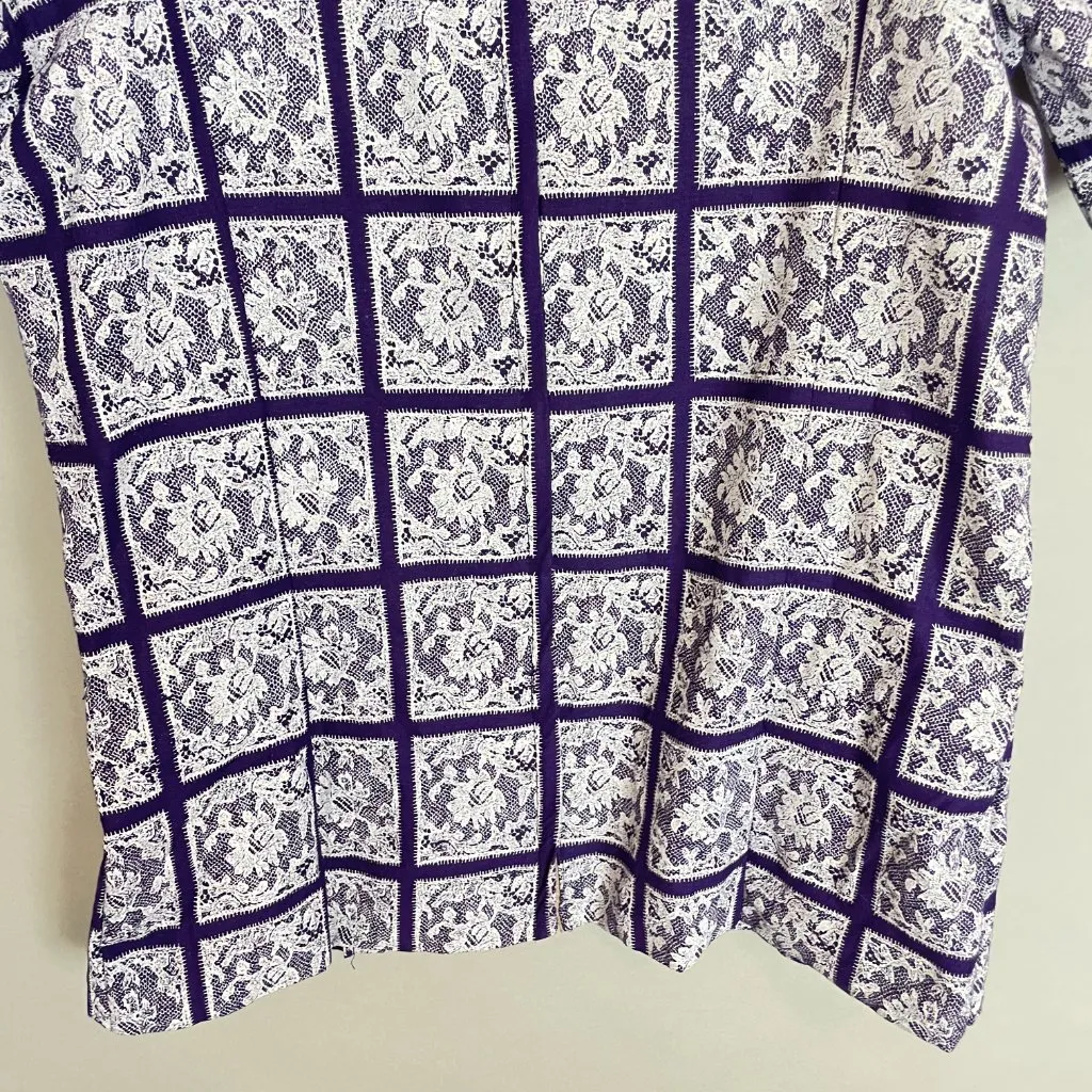 Handmade Blouse Lace Print Ruffled Short Puffed Sleeves Purple‎ White Top Women - Image 11