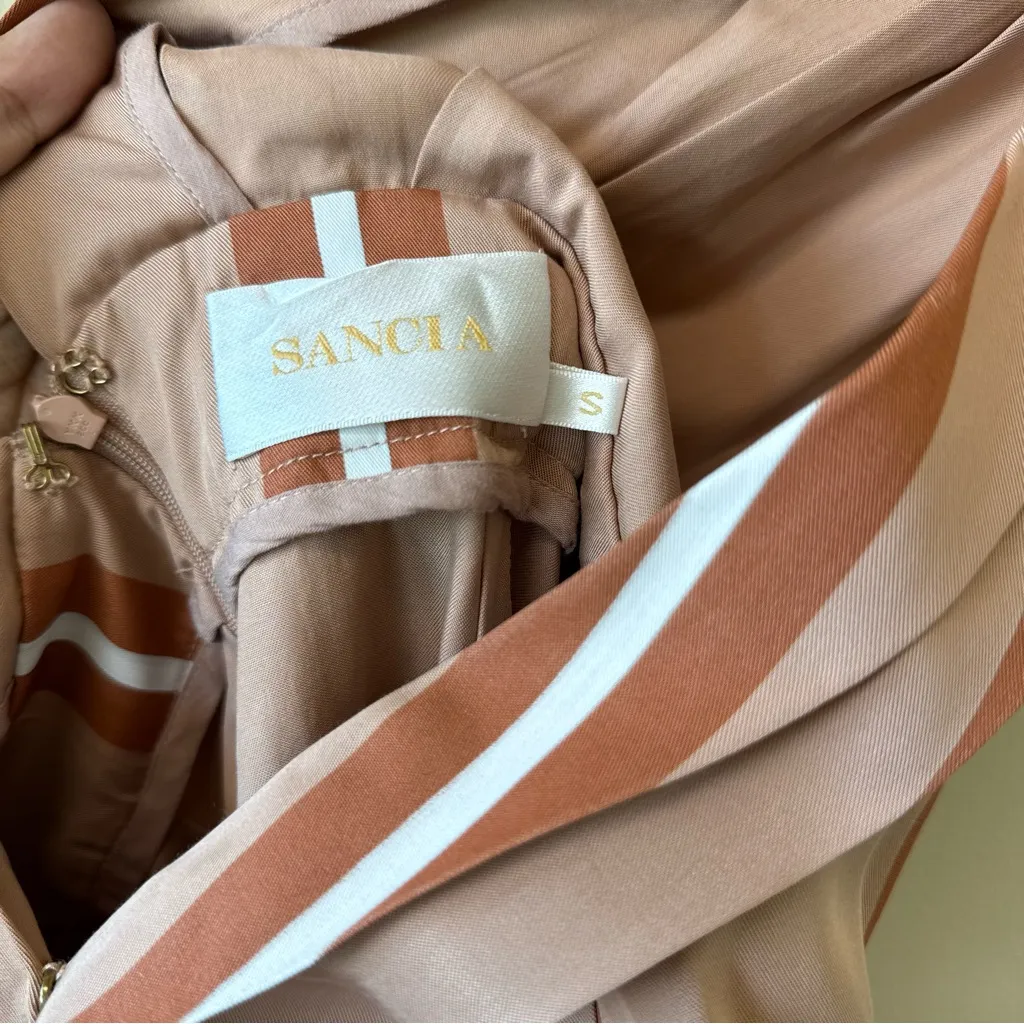 Sancia Ada Brown Tan Stripe Faux Wrap Midi Dress in Hana Stripe - Image 6