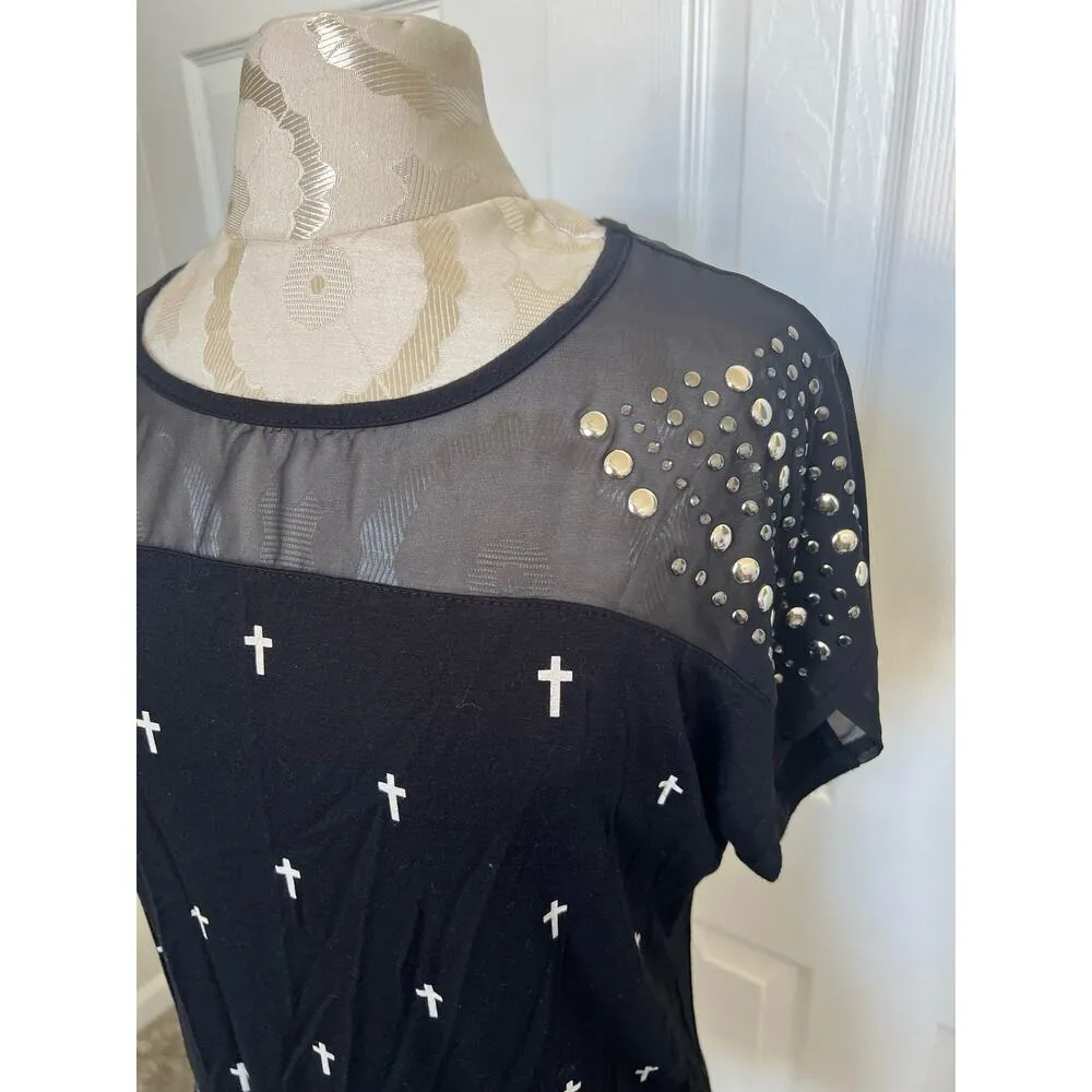 Vocal Cross Short Sleeve Top with Sheer Upper Layer + Studded Sleeves Small - Image 2