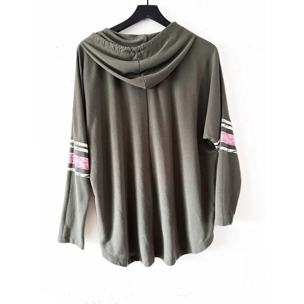 About A Girl London Graphic Hooded Long Sleeve Tunic Top XL Olive Pink Stripe - Image 2