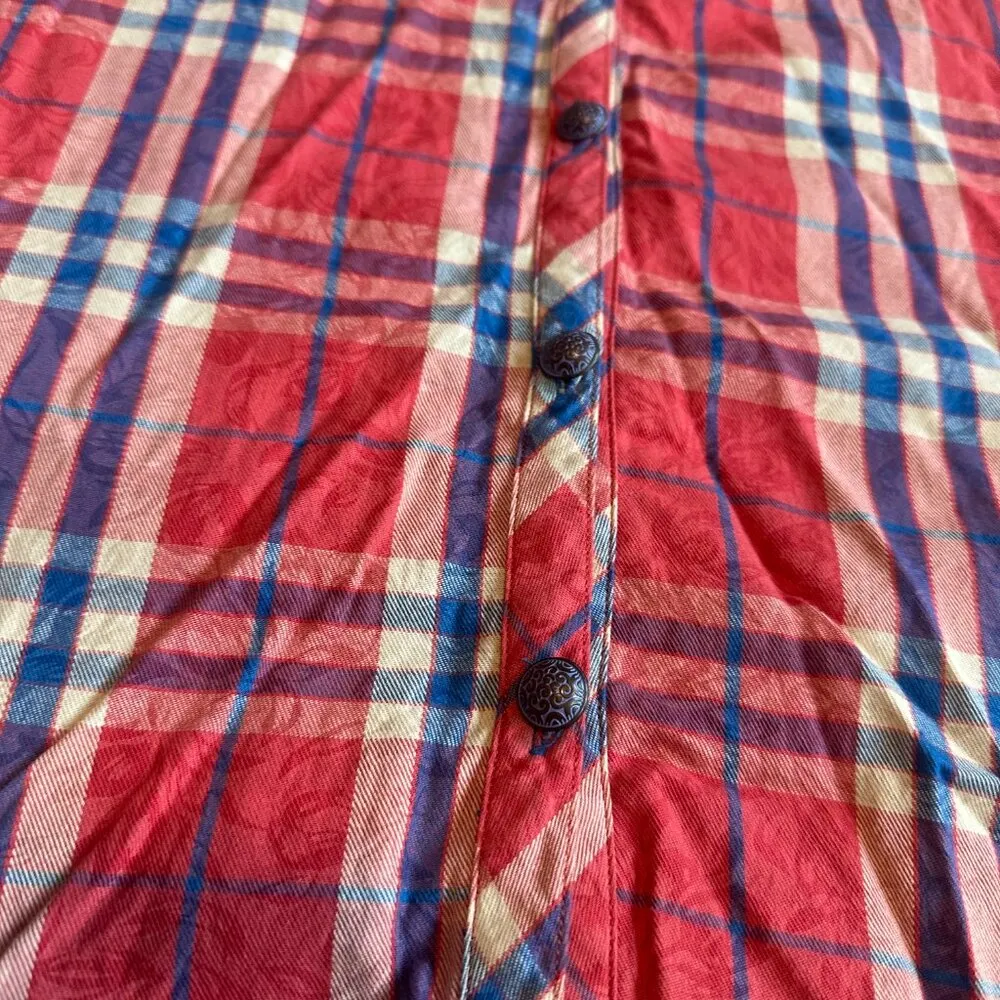 Aratta Silent Journey Plaid Sleeveless Dress Floral Chiffon Back Paisley Flowy Red Size L - Image 10