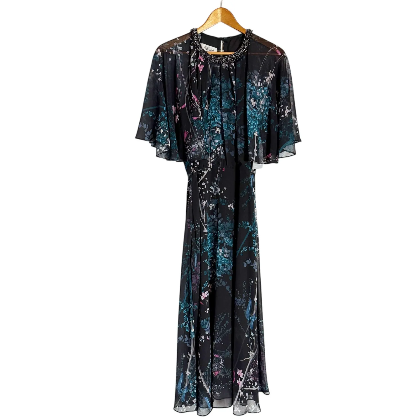 Teri Jon Rickie Freeman Chiffon Capelet Black Floral Cocktail Midi Dress 8 - Image 7