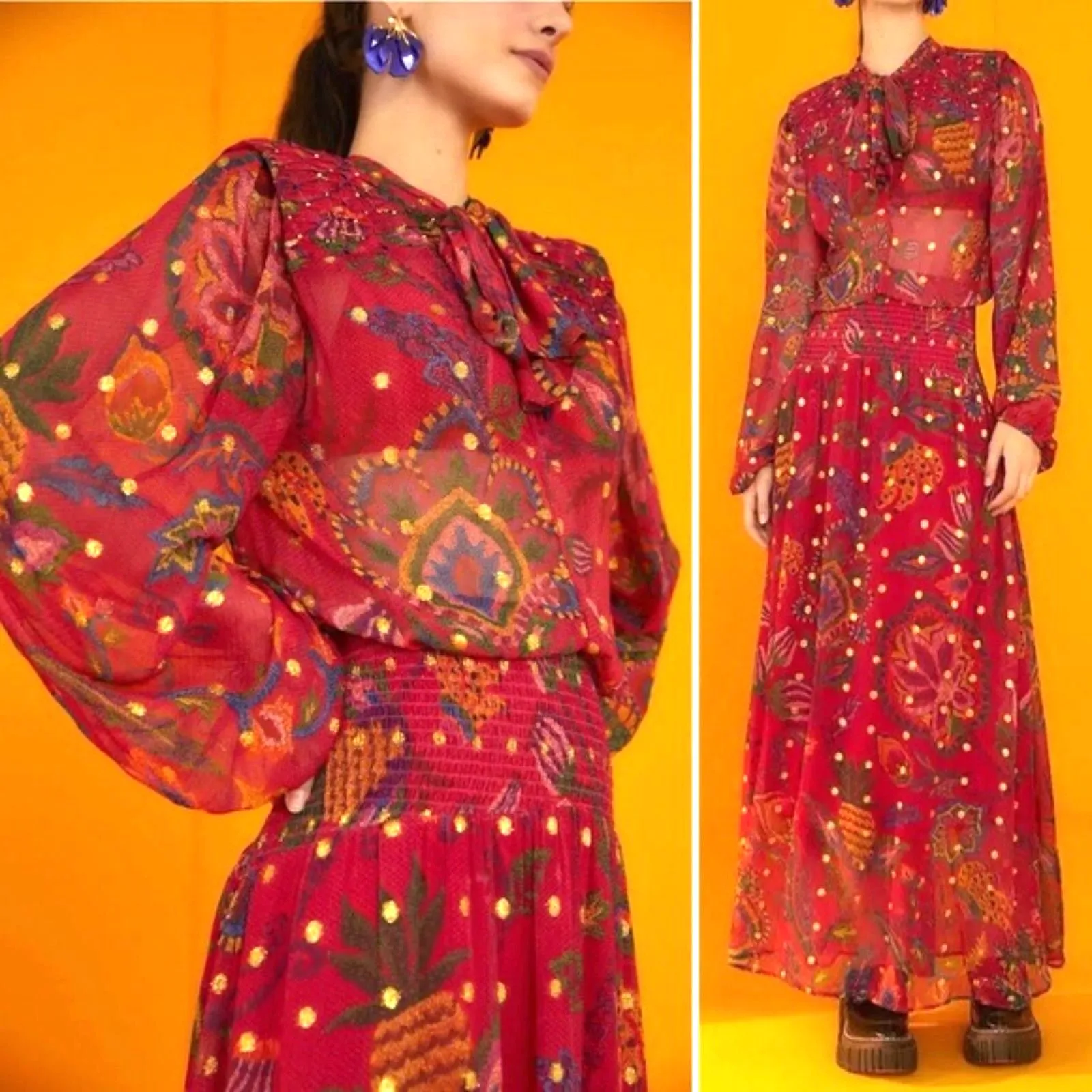 NWT Farm Rio Sunset Tapestry Floral Long Sleeve Boho Maxi Dress Warm Red Size XS - Image 9