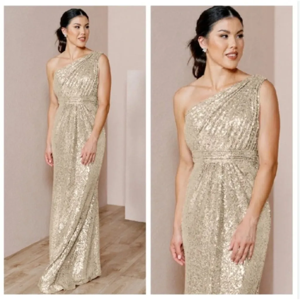 Revelry Dress Womens 8 Gold One Shoulder Sequin Formal Evening Gown Bridesmaid - Image 2