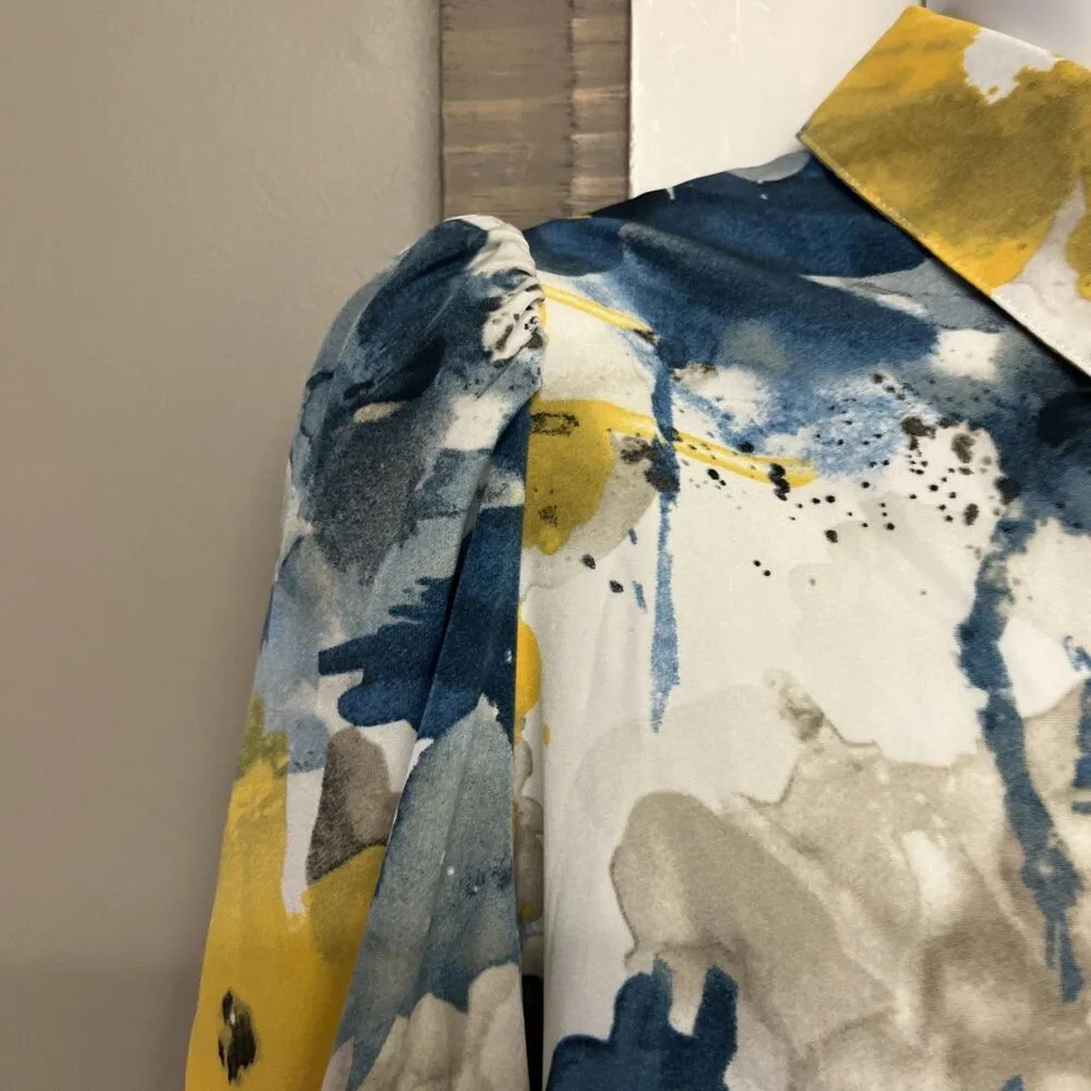 SHEIN Vibrant Floral Collared Button Down Blouse Elastic Wrist Puff Shoulder Lrg - Image 6