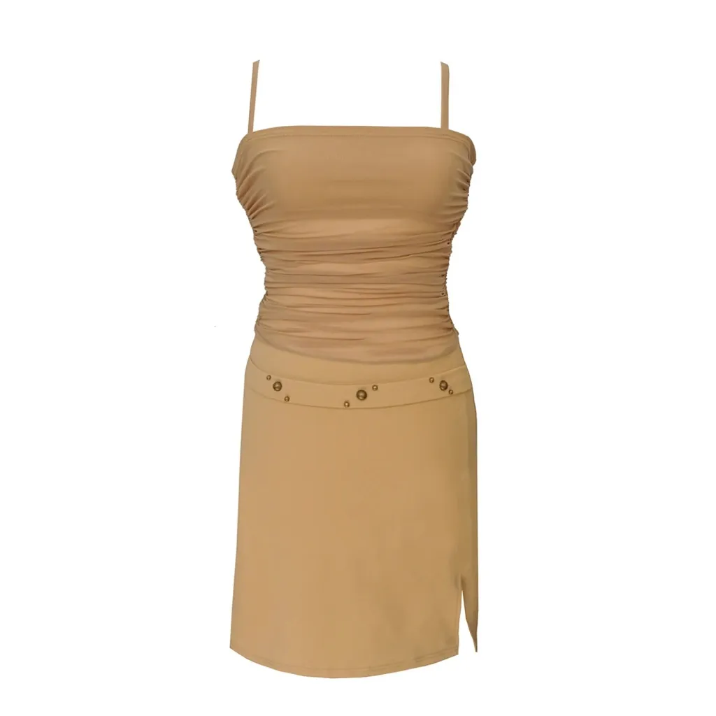 NWT UO Zemeta Mesh Low Belt Y2K Ruched Tan Mini Dress - Image 5