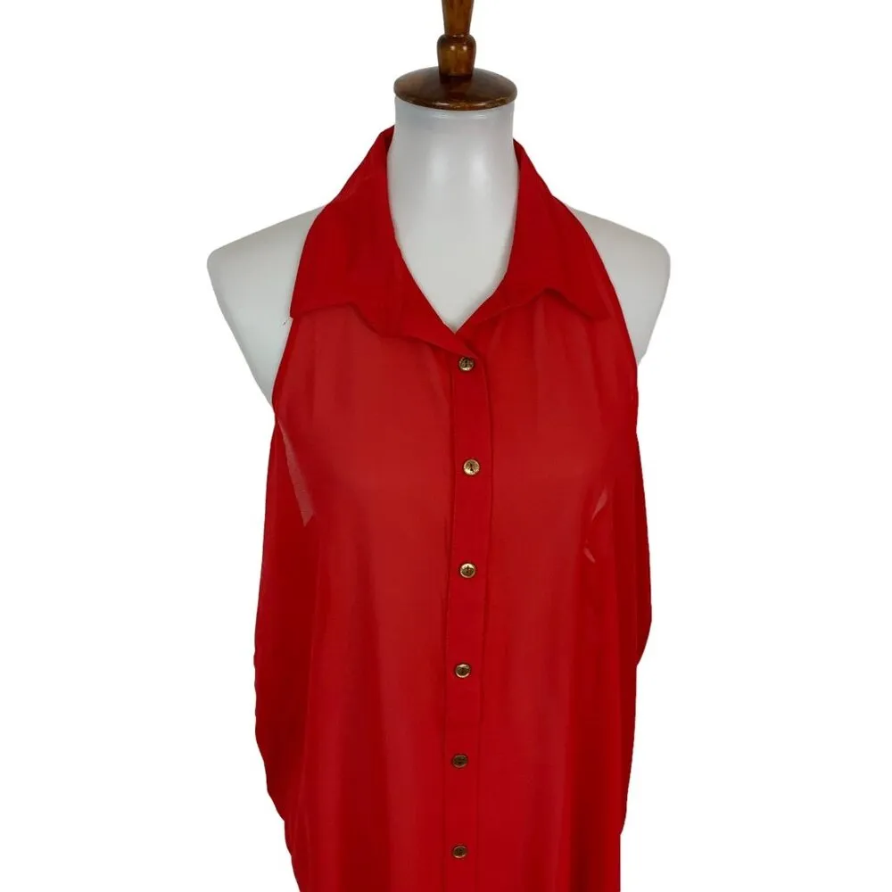 W By Wenjie Red Top Large Sleeveless Button Down Bold Statement Cottagecore - Image 2