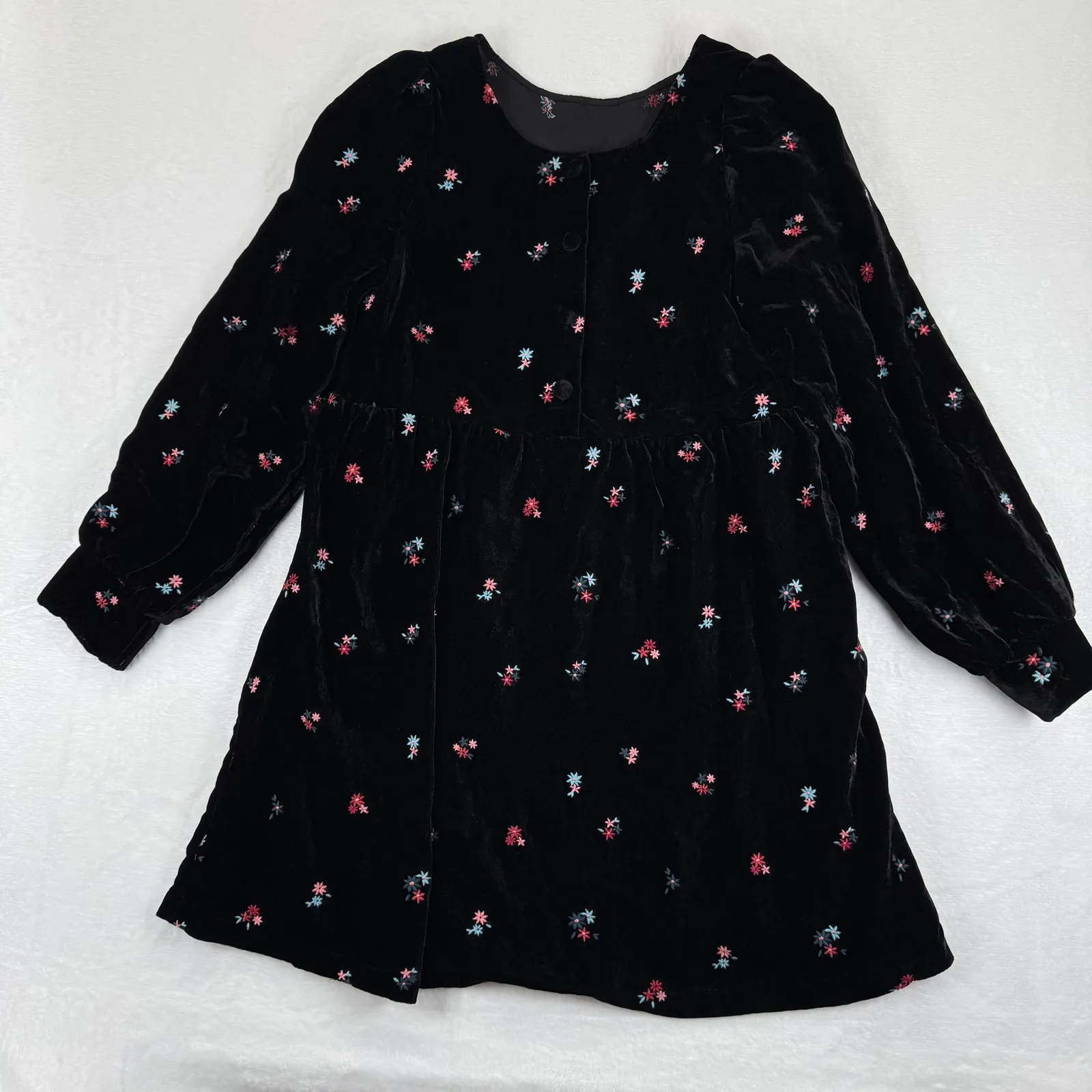 SEZANE Candace Black Velvet Embroidered Floral Mini Dress Sz 36 US 4 Puff Sleeve - Image 7