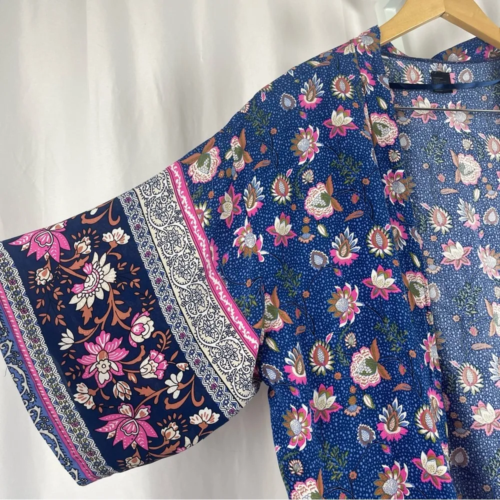 Women One Size Floral Boho Lightweight Flowy Loose Kimono Swim Cover Boxy Blue - Image 3
