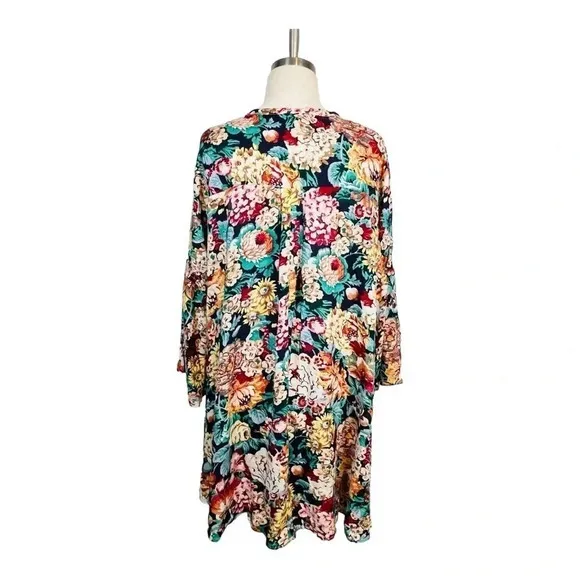 Umgee Boho Chic Floral Mini Babydoll Dress Bell Sleeves Romantic Size Medium Black - Image 8