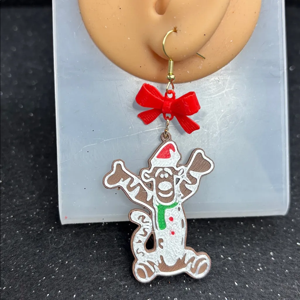 Tigger Christmas Earrings with Red Bow & Gold Accents - Image 2