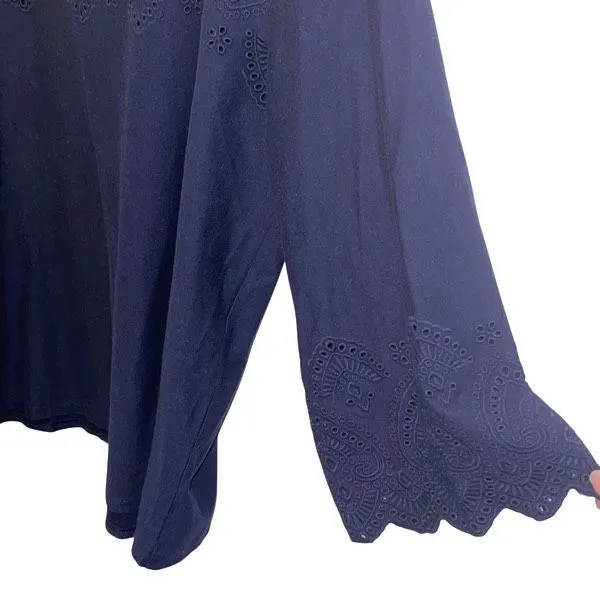 J.‎ Jill Eyelet Tunic Blouse Top Bell Sleeves Square Neck Navy Cotton Size XL Blue - Image 4