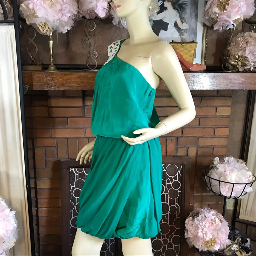 TIBI TEAL GREEN ONE SHOULDER SILK BLOUSON MINI DRESS WITH BEADING (8) - Image 5