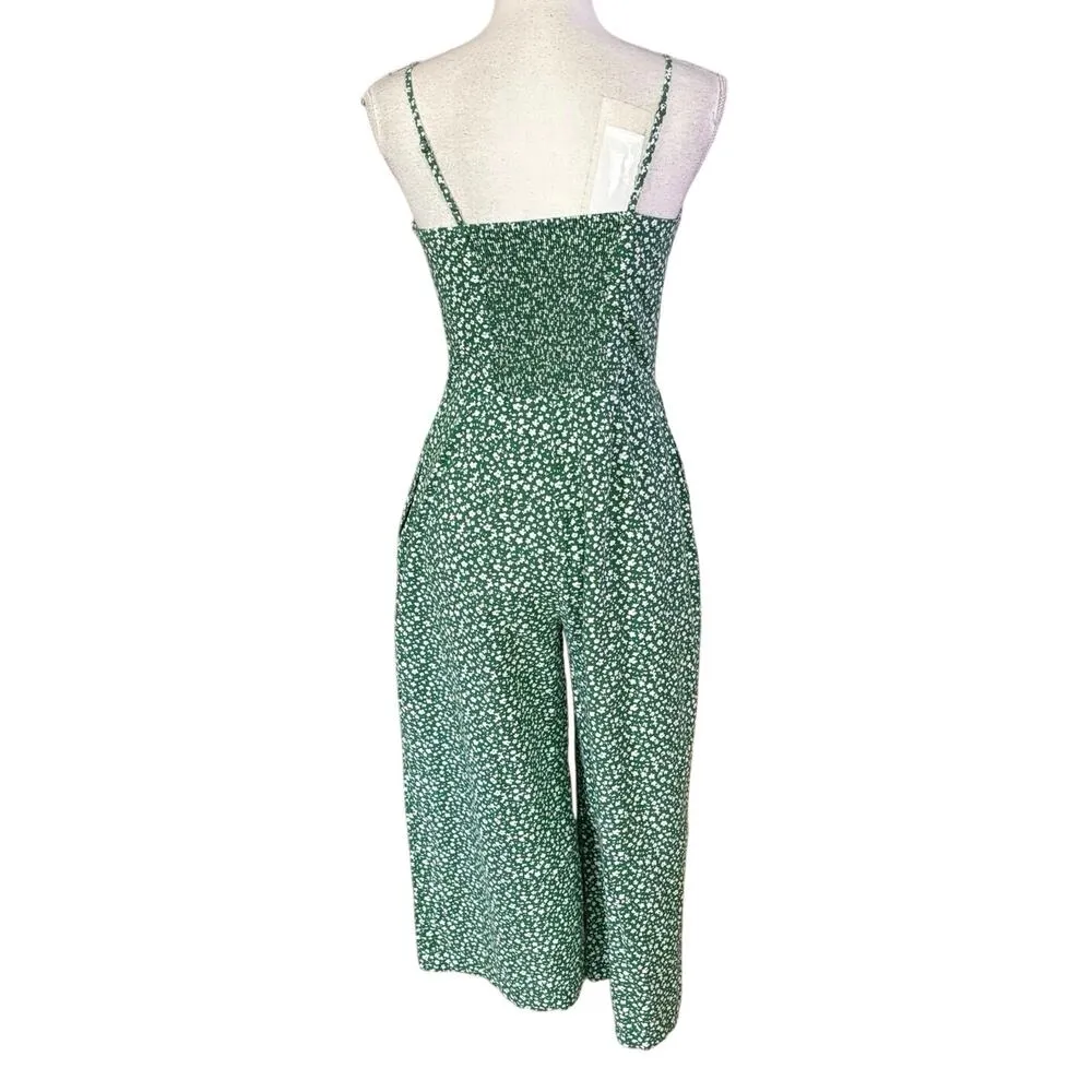 Banana Republic Size 4 Ditsy Floral Wide Leg Jumpsuit Cropped Pockets Green FLAW - Image 3